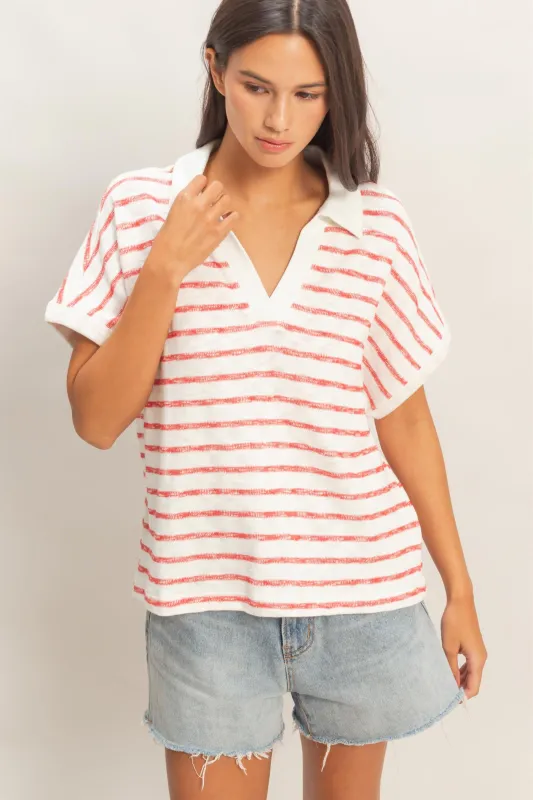 Striped Dolman Sleeve V-Neck Collared Top made by Double Zero