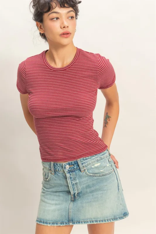 Striped Ribbed Crew Neck Top made by Double Zero