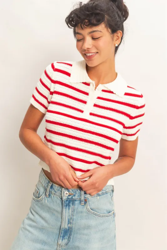 Short Sleeve Striped Knit Polo made by Double Zero