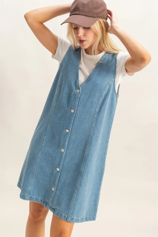 V-Neck Button-Front Denim Dress made by HYFVE