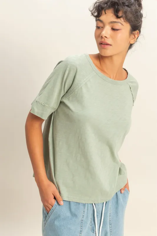 Acid Wash Raw Seam Raglan Short Sleeve Tee made by Double Zero