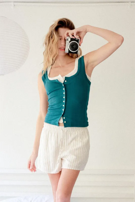 Pointelle Button Front Scoop Neck Tank Top made by Double Zero