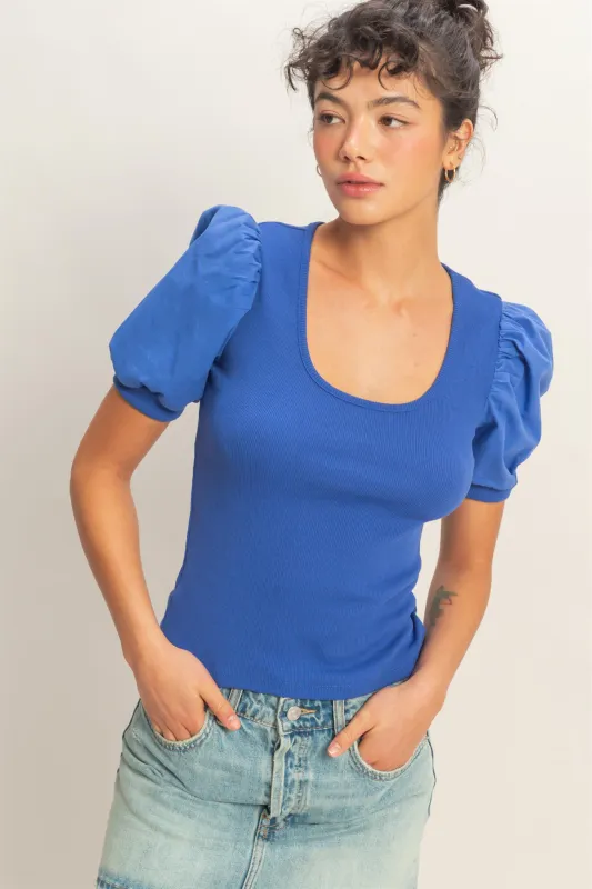 Ribbed Puff Sleeve Scoop Neck Top made by Double Zero