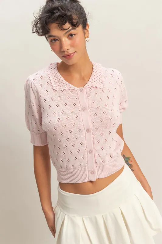 Pointelle Collar Button-Up Puff Sleeve Knit Top made by Double Zero