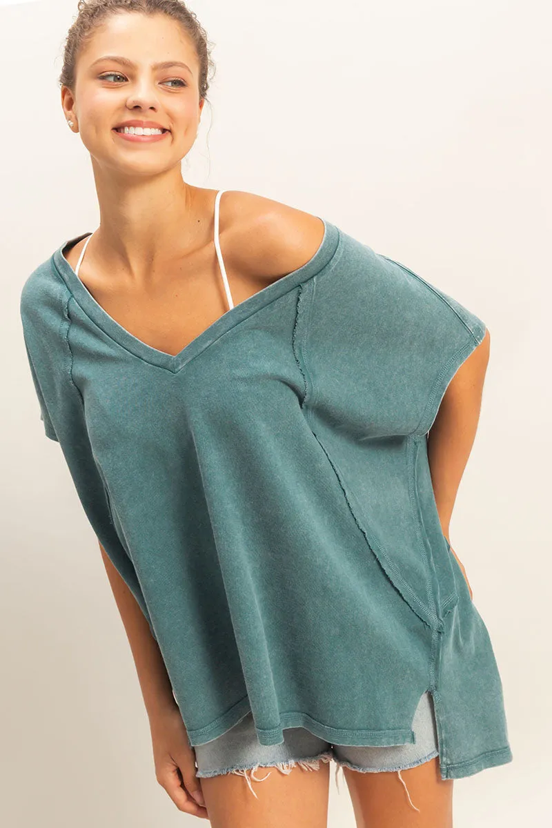 Oversized V-Neck Mineral Washed Top sold by HYFVE