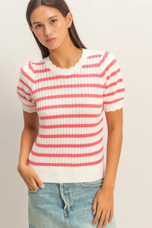 Striped Scallop Edge Puff Sleeve Knit Top made by Double Zero