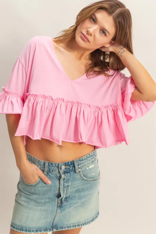 V-Neck Ruffle Hem Top made by HYFVE