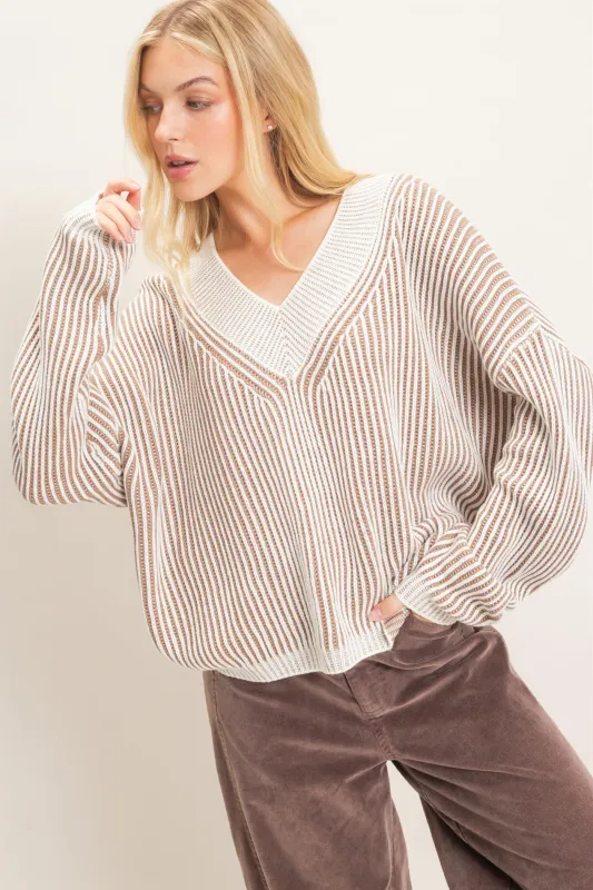 Striped V-Neck Ribbed Sweater made by HYFVE