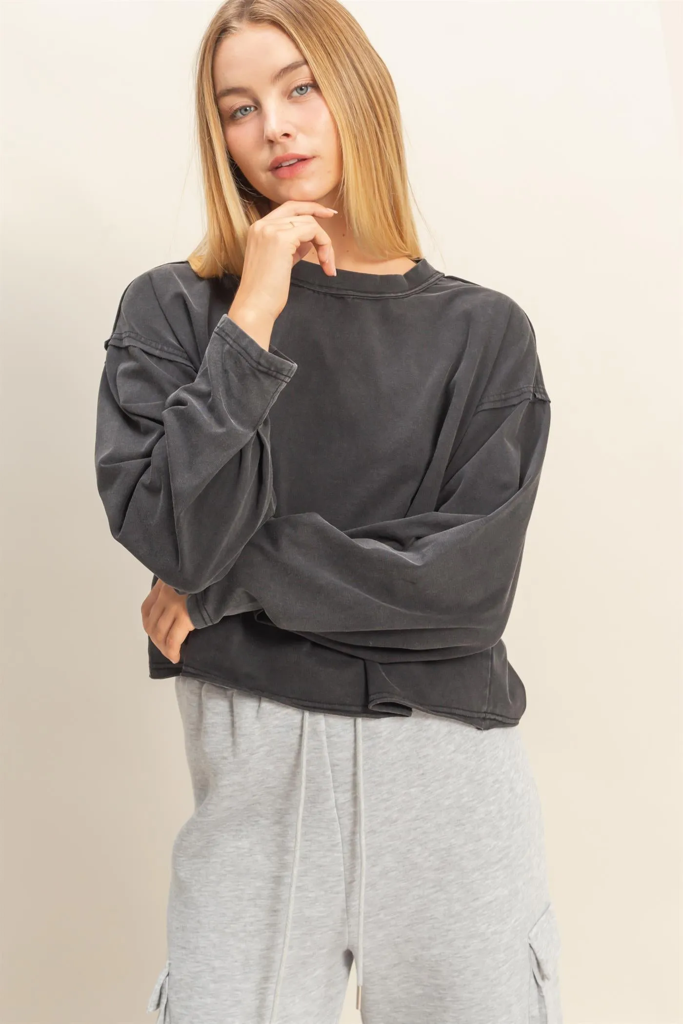 Mineral Washed Casual Long Sleeve Top sold by HYFVE product image thumbnail 3