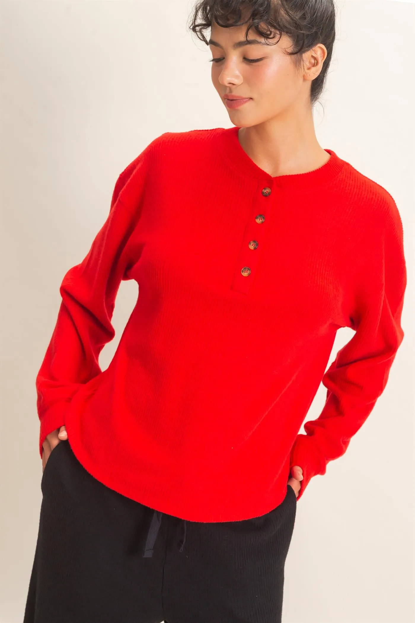 Brushed Waffle Henley Top sold by HYFVE product image thumbnail 2