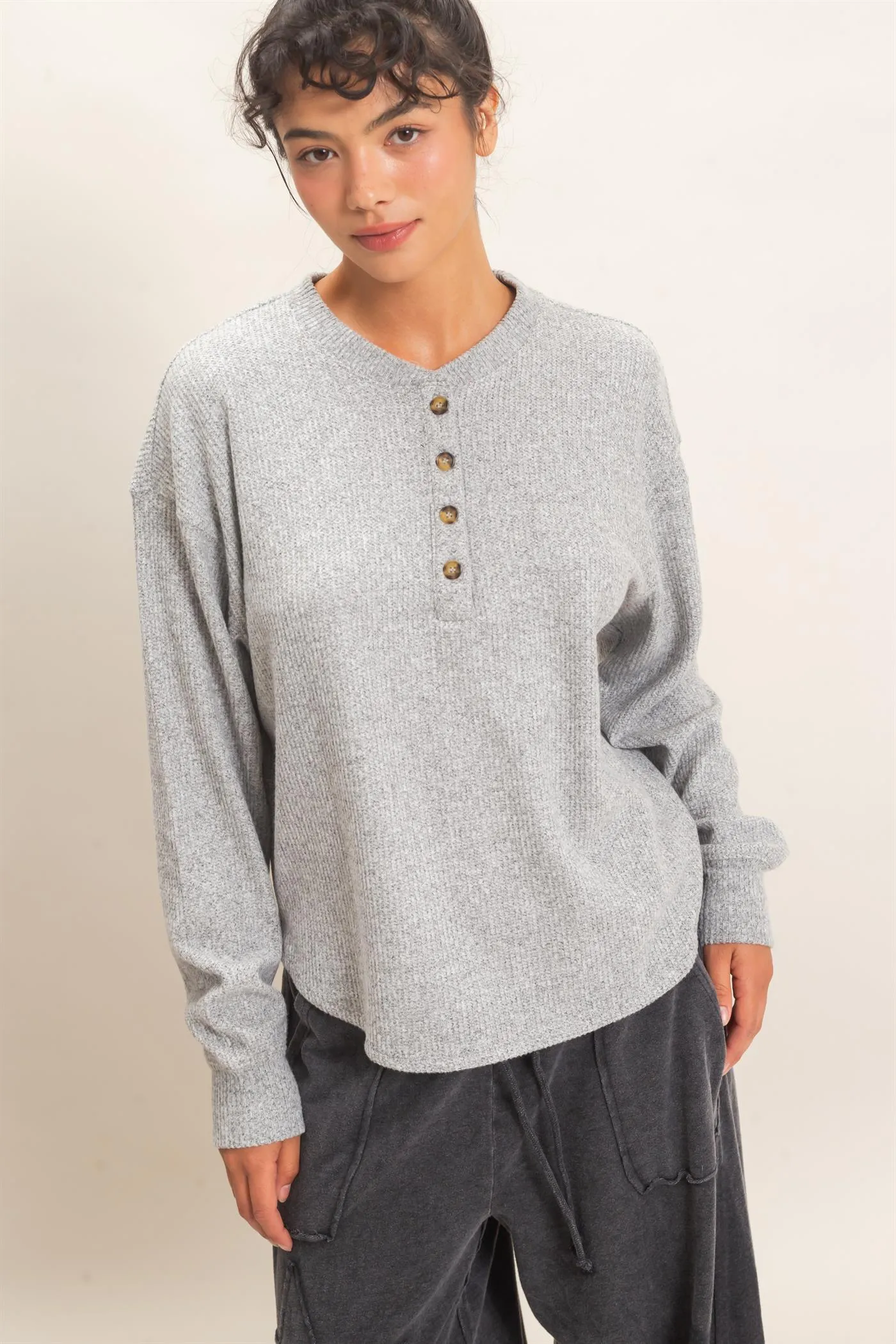 Brushed Waffle Henley Top sold by HYFVE