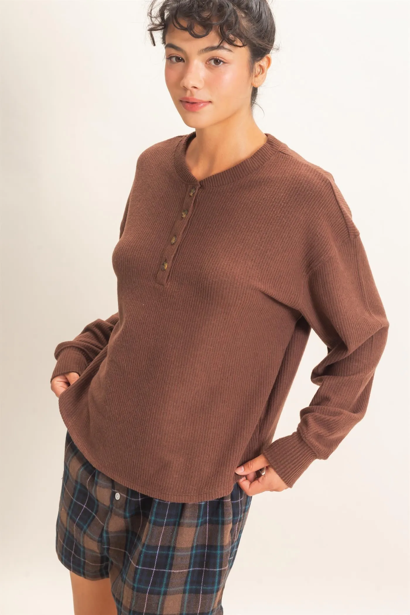 Brushed Waffle Henley Top sold by HYFVE product image thumbnail 4