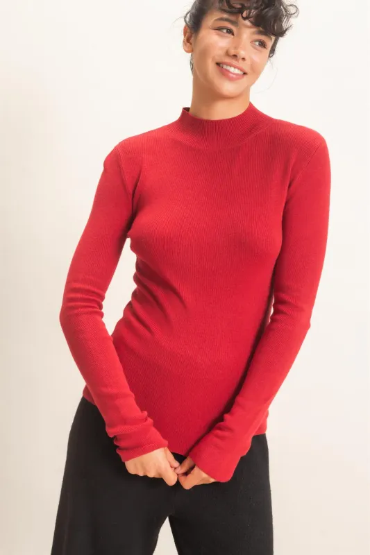 Ribbed Mock Neck Long Sleeve Knit Top made by Double Zero