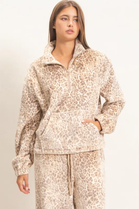 Leopard Print Fleece Half Zip Pullover made by Double Zero