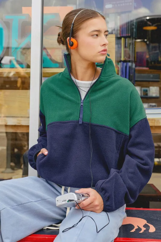 Fleece Color Contrast Half Zip Pullover made by Double Zero