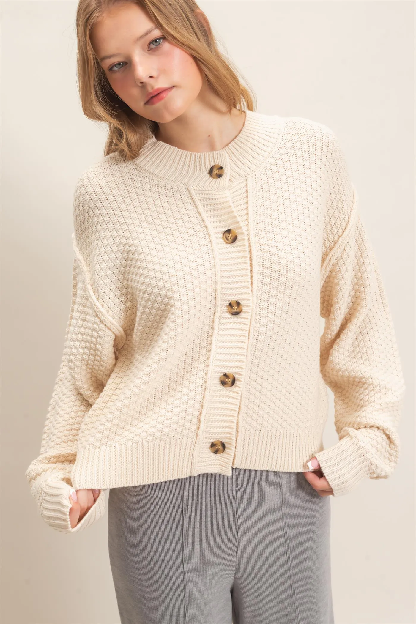 Textured Knit Button-Front Cardigan sold by HYFVE product image thumbnail 4