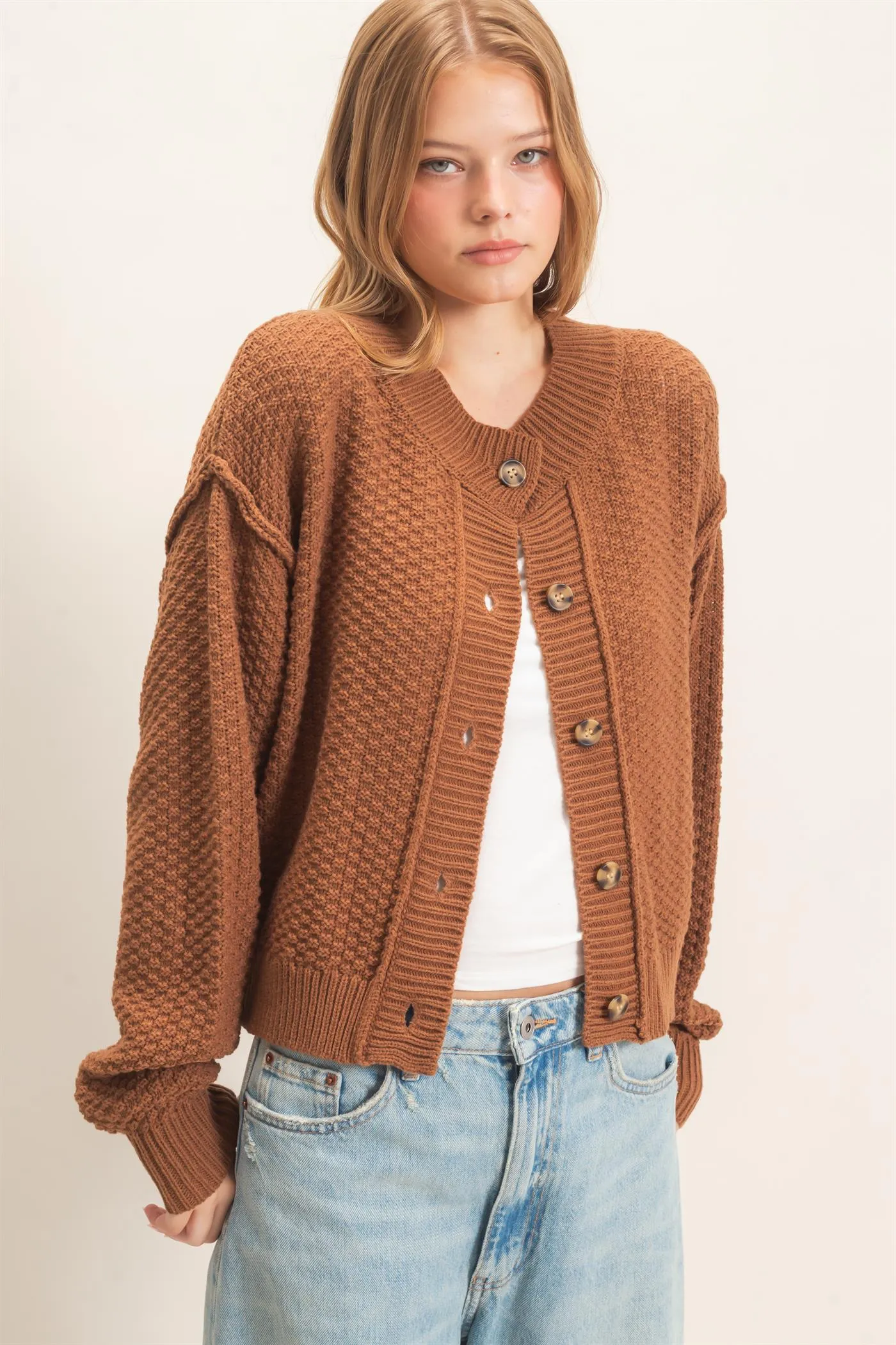 Textured Knit Button-Front Cardigan sold by HYFVE product image thumbnail 3
