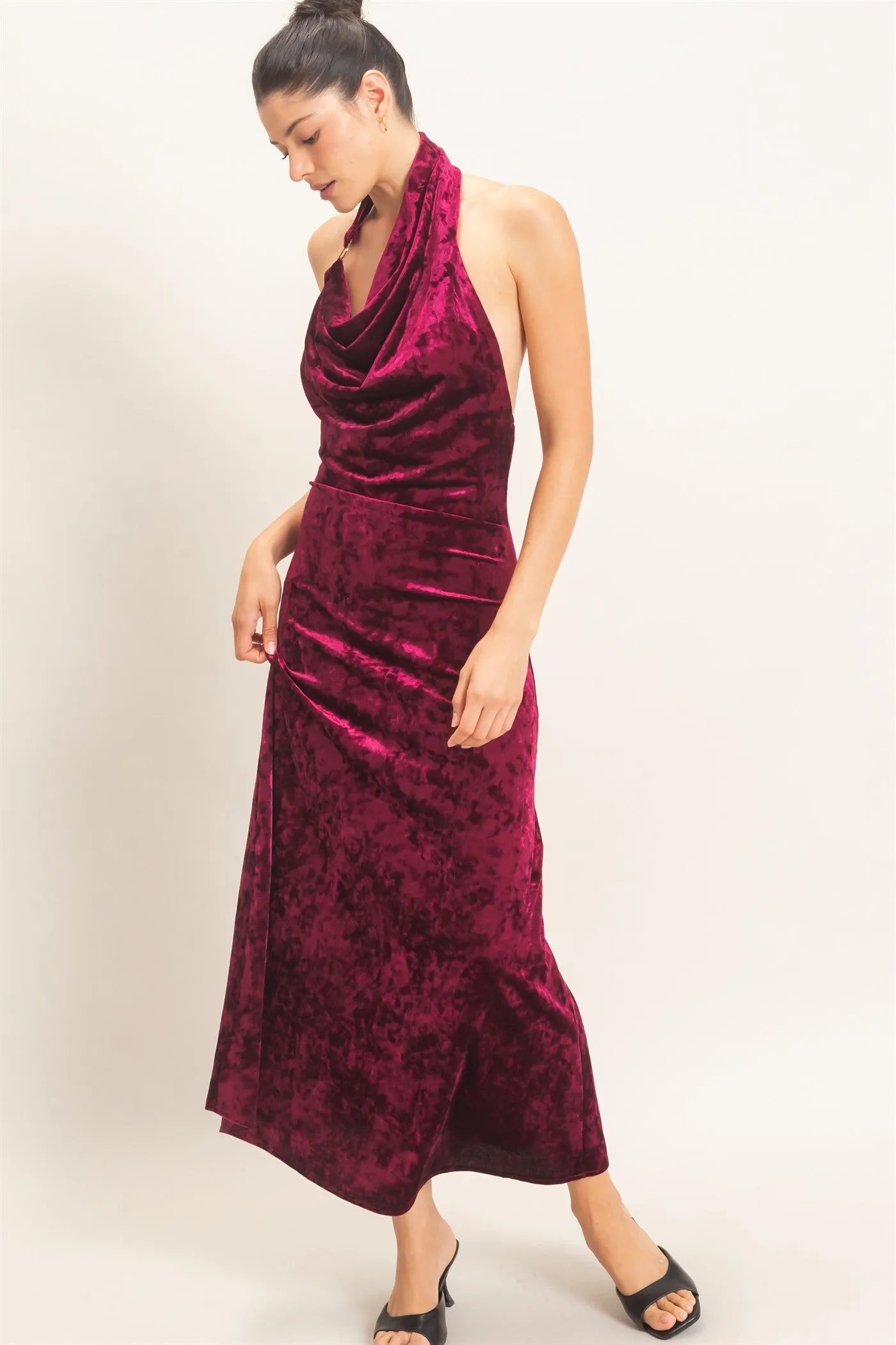 Velvet Cowl Neck Halter Dress sold by HYFVE