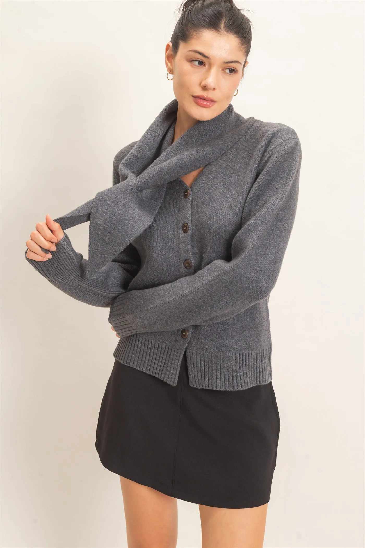 Attached Scarf Button-Front Cardigan sold by HYFVE product image thumbnail 3