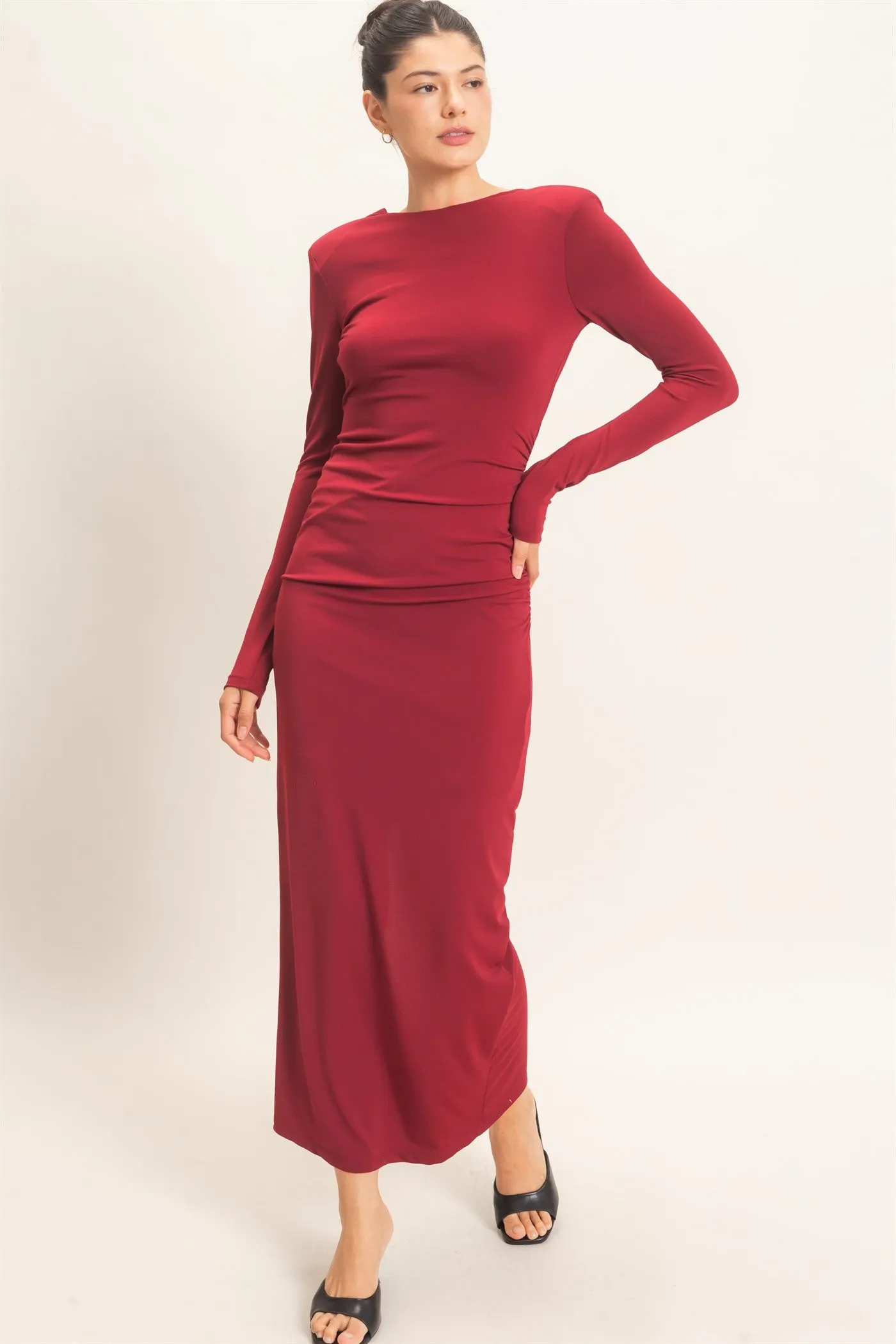 Ruched Long Sleeve Open Back Midi Dress sold by HYFVE product image thumbnail 4