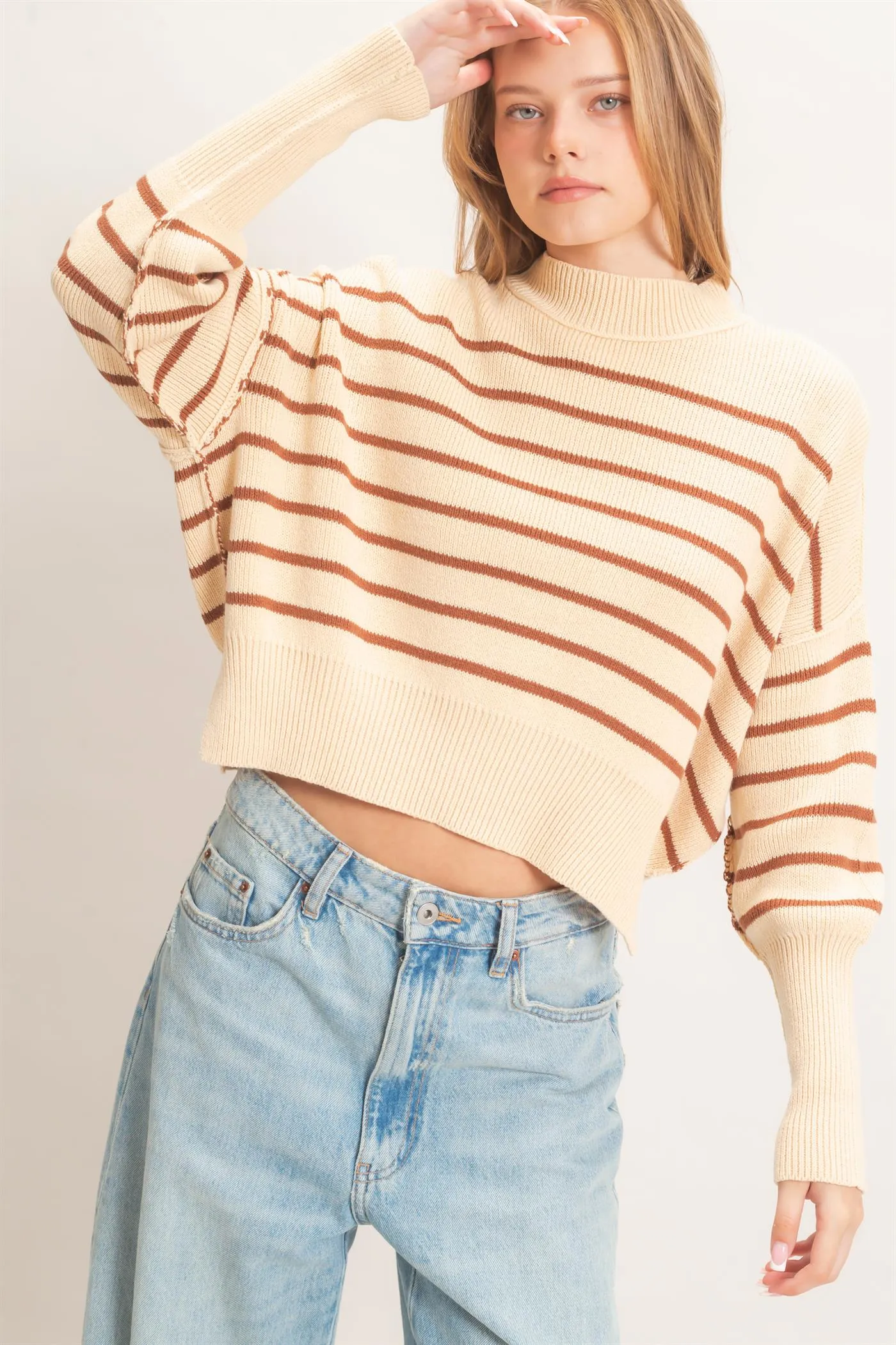 Striped Mock Neck Cropped Sweater sold by HYFVE