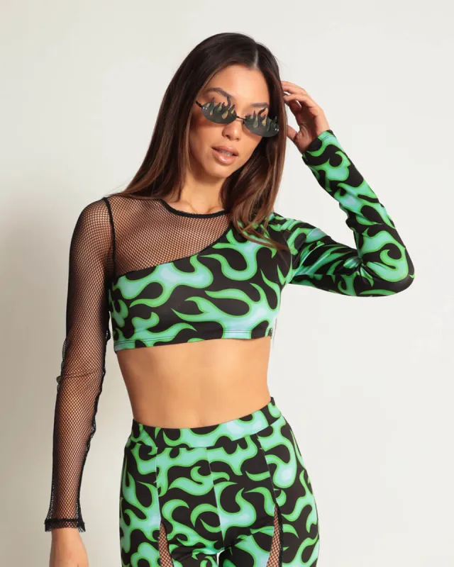 Ignite My Fire Long Sleeve Fishnet Crop Top sold by iHeartRaves