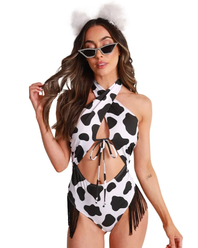 My Milkshake Cow Print Fringe Halter Bodysuit sold by iHeartRaves