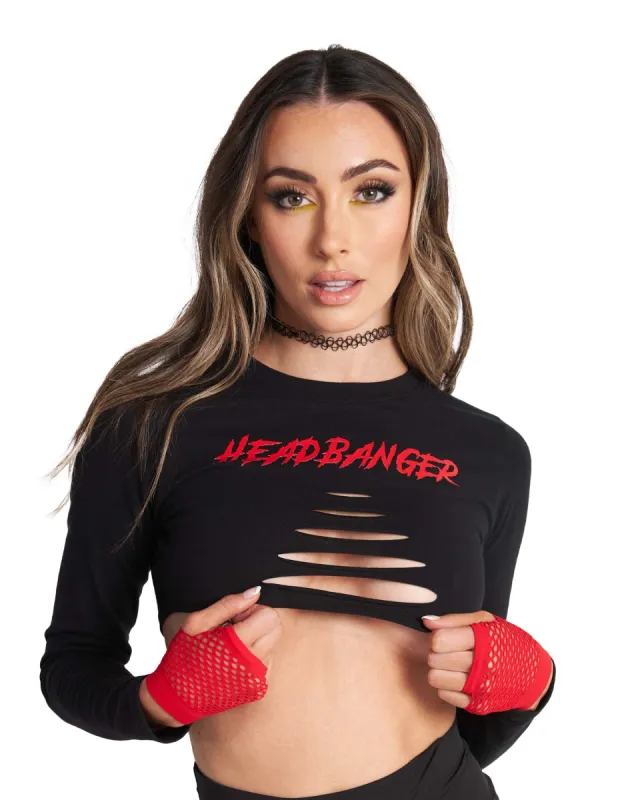 Hardcore Headbanger Ripped Long Sleeve Crop Top sold by iHeartRaves