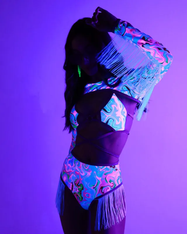 Rolita Couture x iHR Multicolored Mist Fringe Ultra Crop Top sold by iHeartRaves