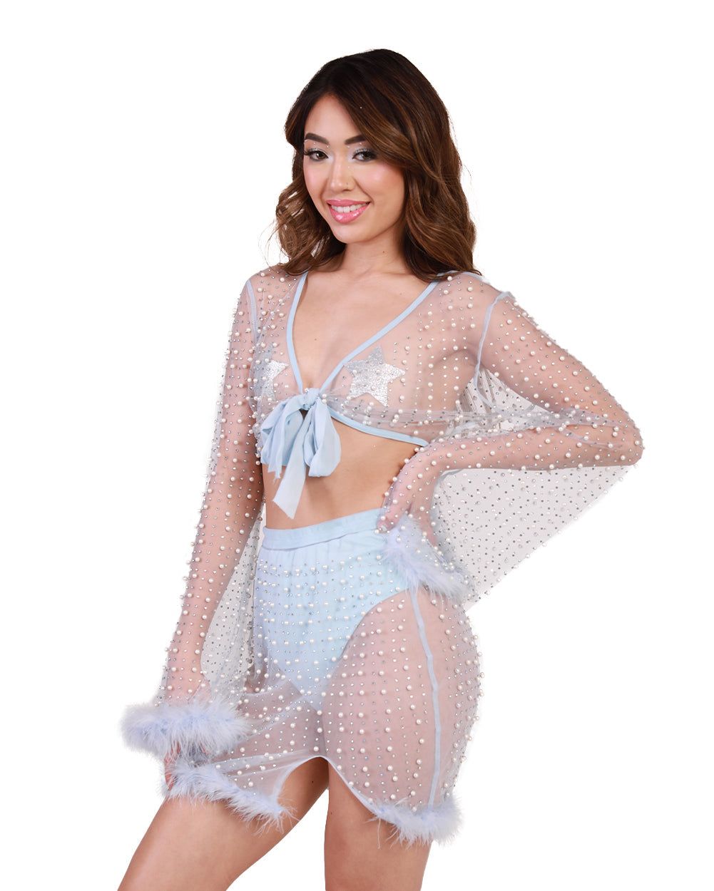 Glamour Girl Pearl Studded Marabou Skirt Set - Baby Blue sold by iHeartRaves product image thumbnail 4