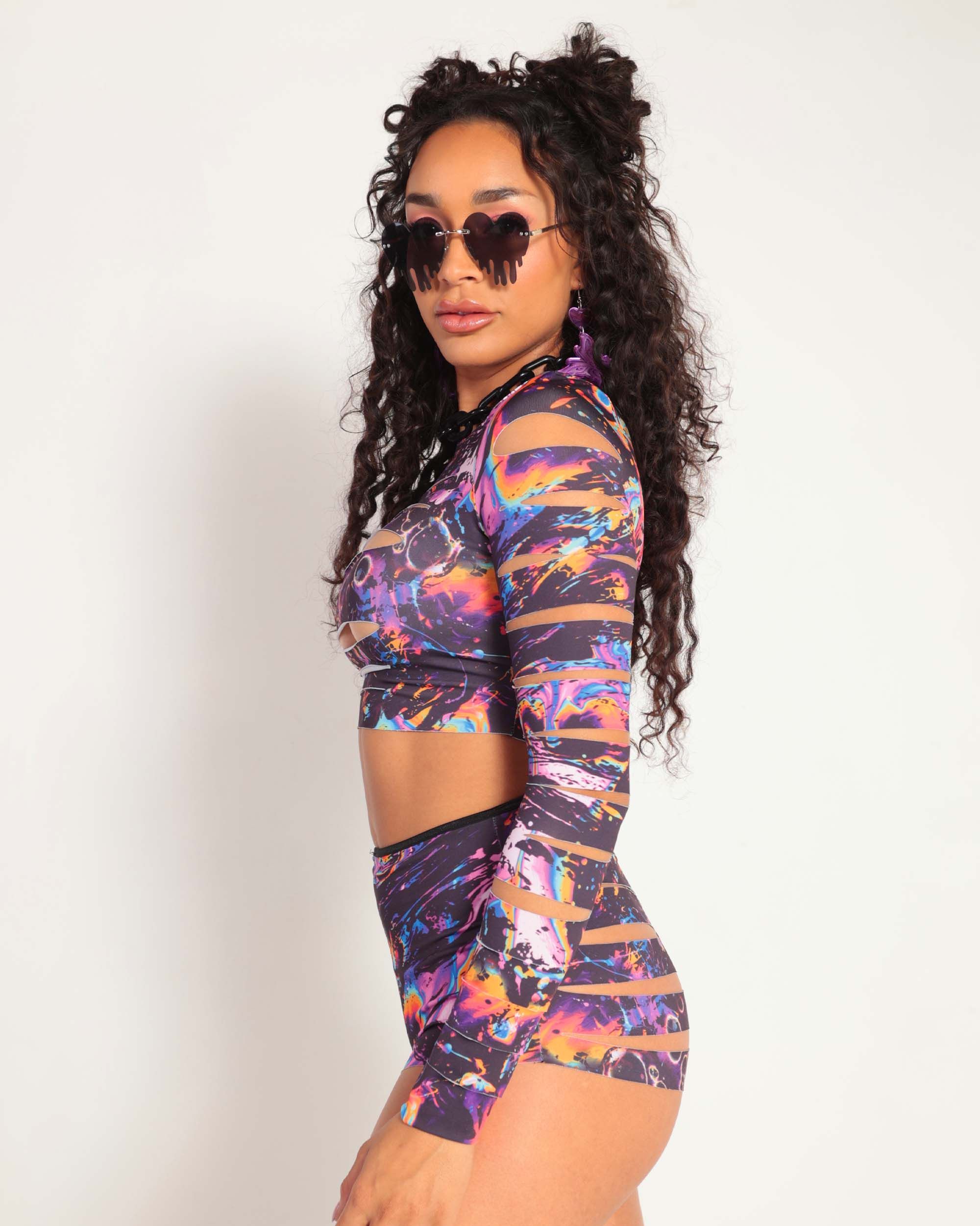 Melted Planet Long Sleeve Cutout Crop Top sold by iHeartRaves product image thumbnail 2