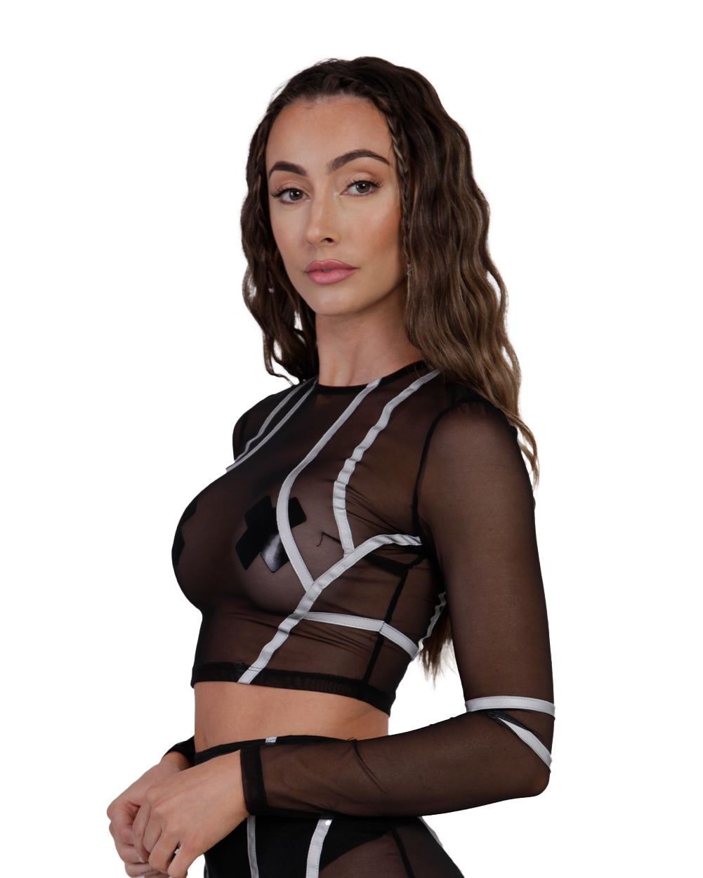 Reflective Wave Mesh Black Long Sleeve Crop Top sold by iHeartRaves product image thumbnail 4