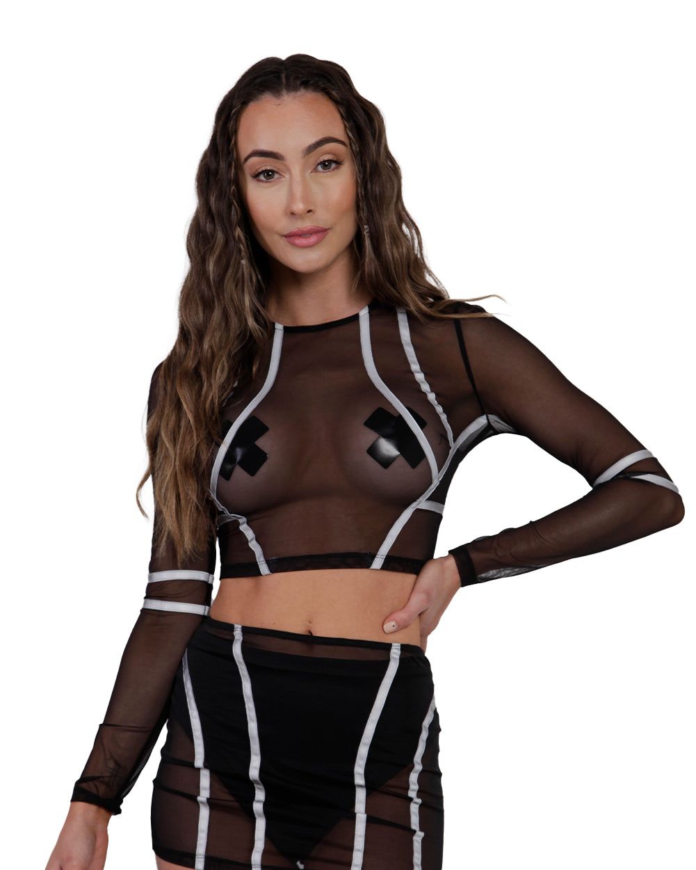 Reflective Wave Mesh Black Long Sleeve Crop Top sold by iHeartRaves product image thumbnail 2