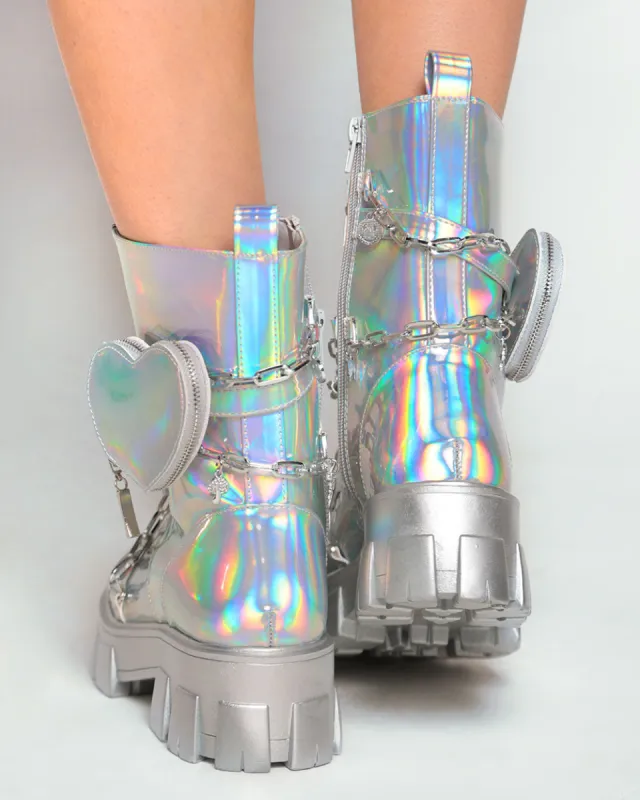 Dreamy Dazzle Holo Combat Boots With Charms Heart Pocket Parallel