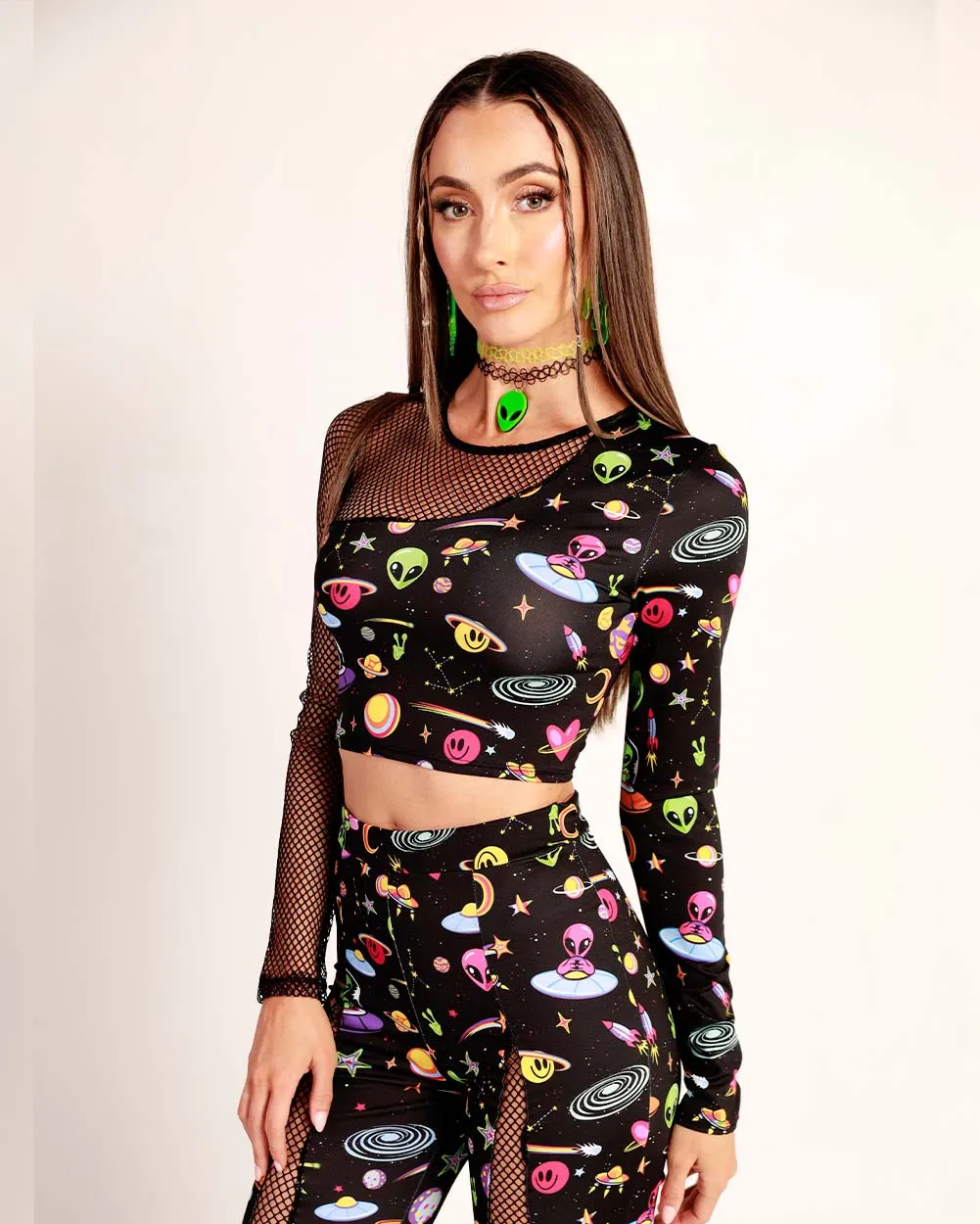 Silly in Space Long Sleeve Fishnet Crop Top sold by iHeartRaves product image thumbnail 3