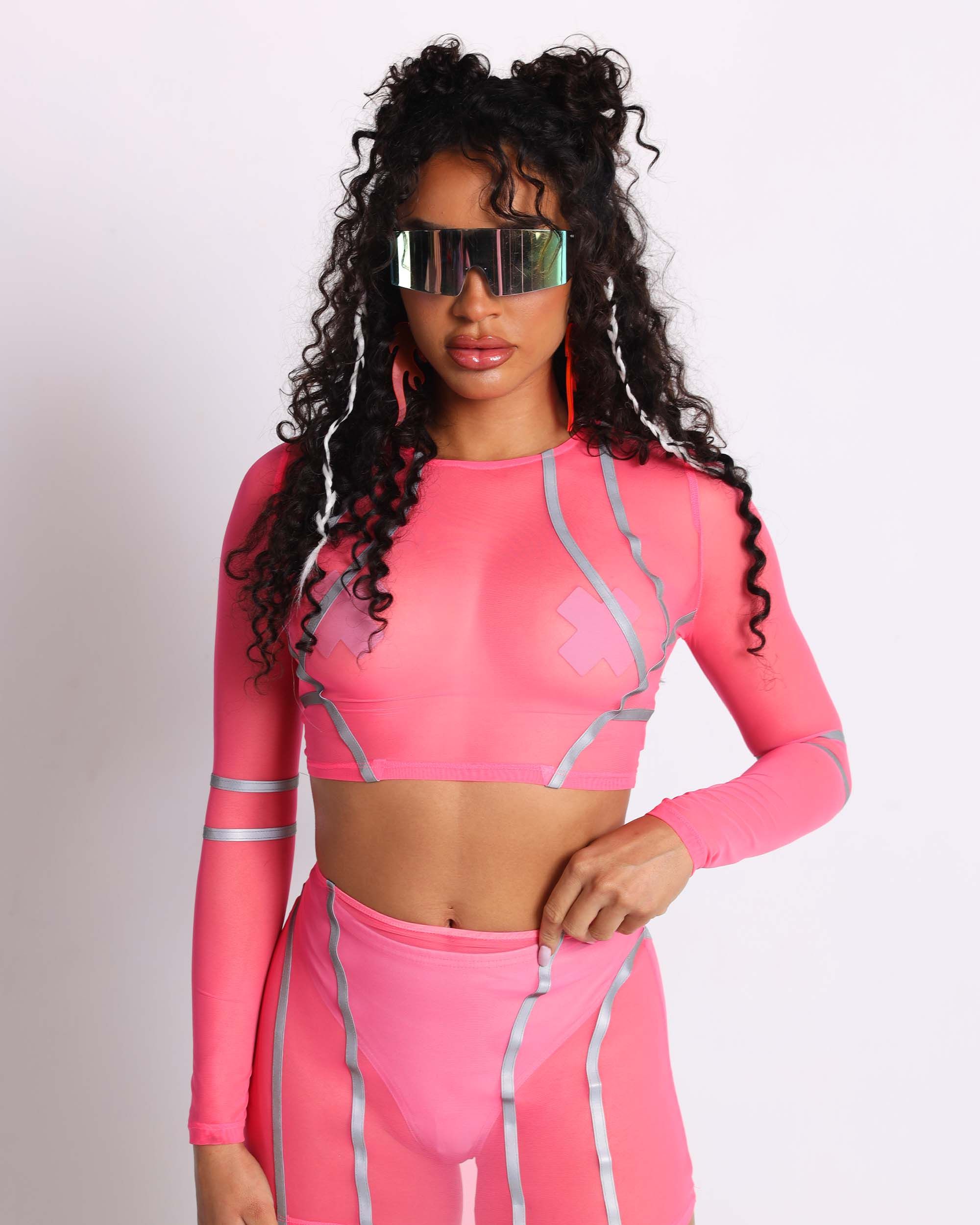 Reflective Wave Mesh Neon Pink Long Sleeve Crop Top sold by iHeartRaves product image thumbnail 2