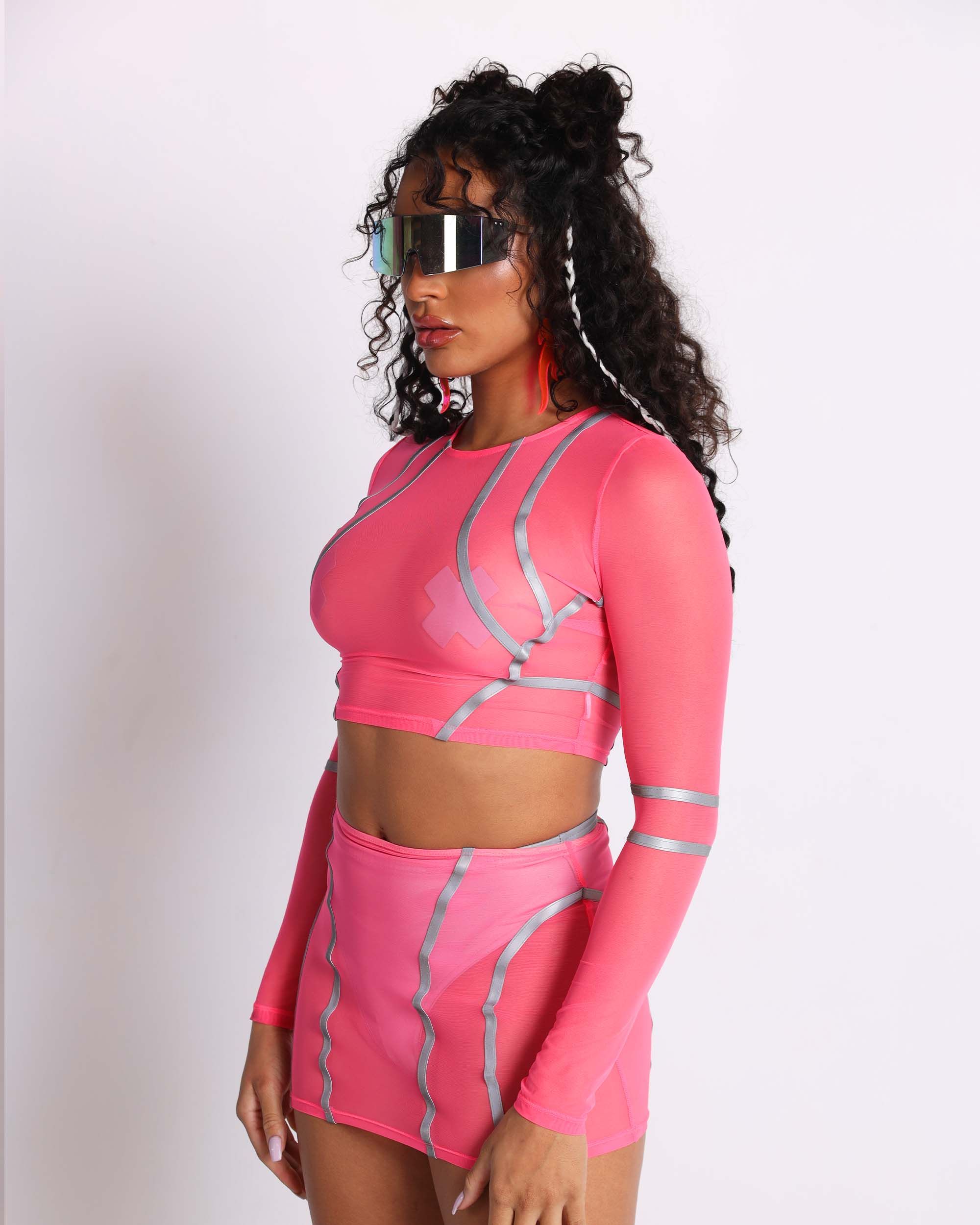 Reflective Wave Mesh Neon Pink Long Sleeve Crop Top sold by iHeartRaves product image thumbnail 3