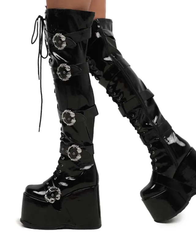 Black Arcade Dreams Buckled Knee-High Boots sold by iHeartRaves