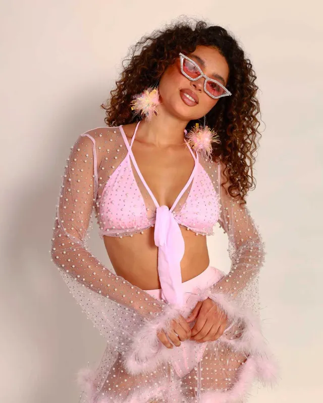 Happy Ever After Tinsel Marabou Mesh Top - Baby Pink sold by iHeartRaves