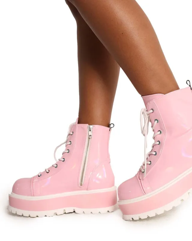 Demonia Life in Pink Holo Lace-Up Platform Boots sold by iHeartRaves