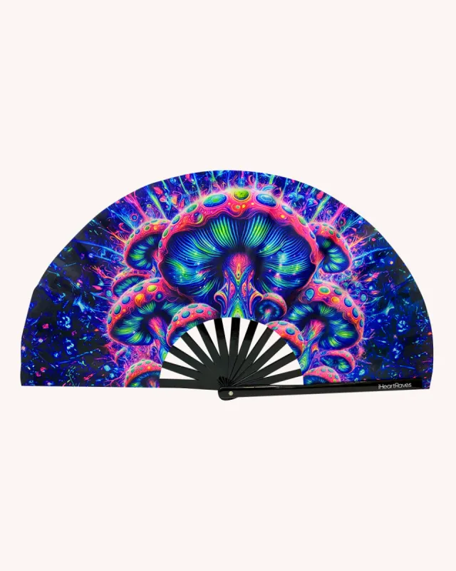 Psychedelic World Mushroom UV Reactive Hand Fan sold by iHeartRaves