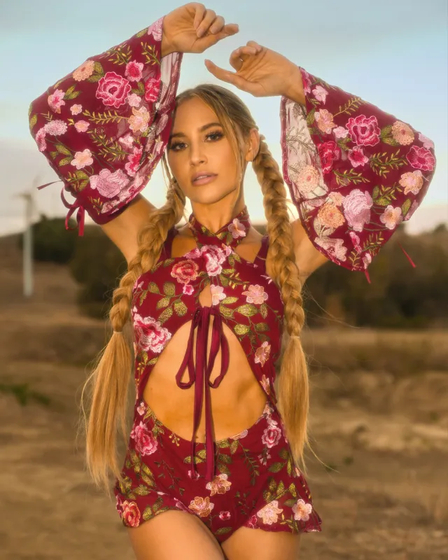 Forest Nymph Stretch Halter Lace Bodysuit Set 2.0 - Maroon sold by iHeartRaves