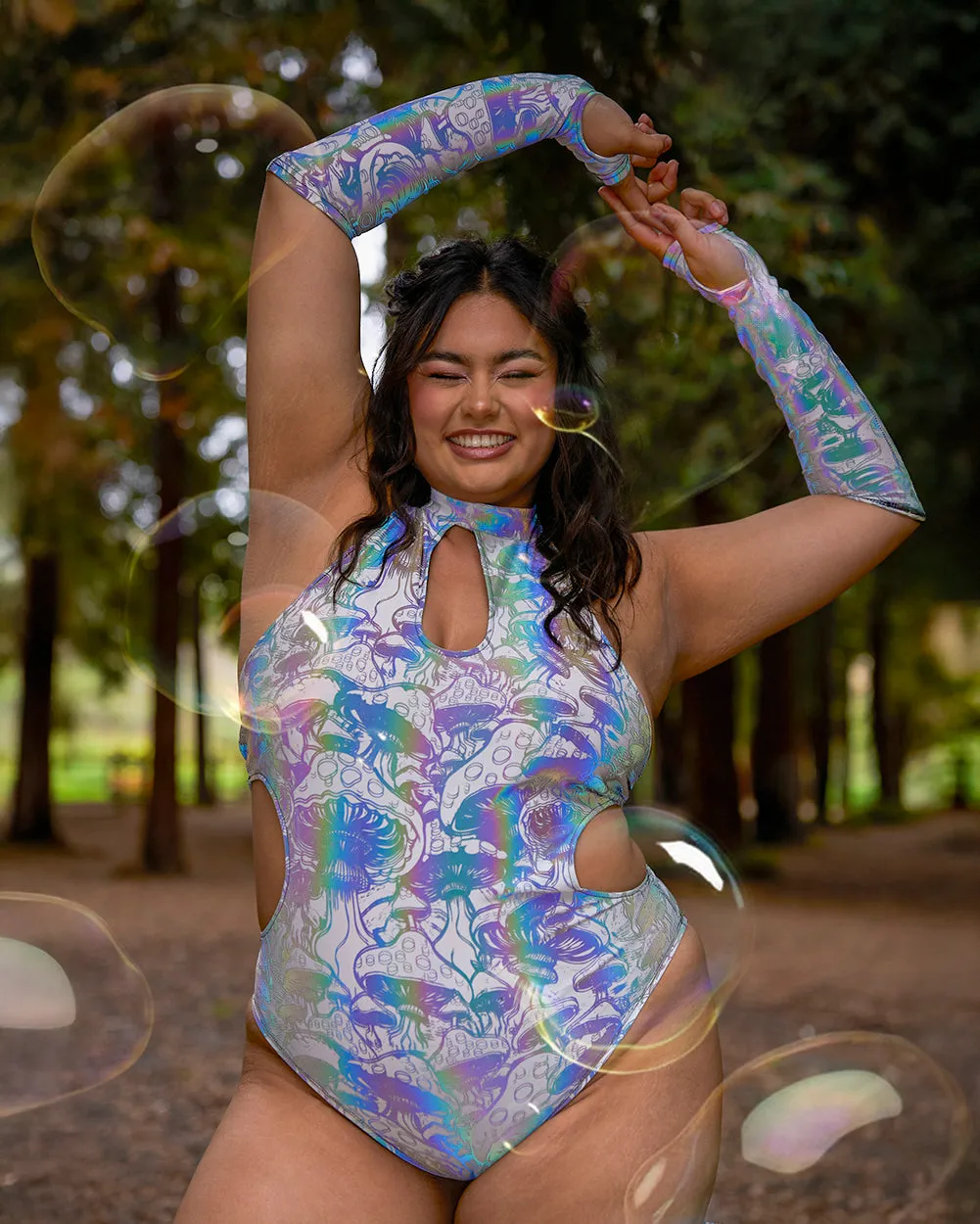 Secret of Life Mushroom White Reflective Bodysuit with Sleeves sold by iHeartRaves