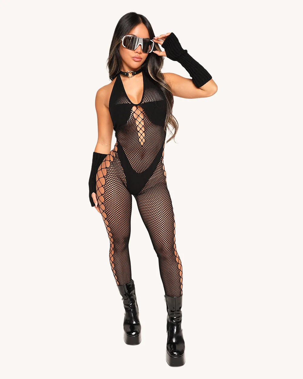 Hard Tech Fishnet Halter Jumpsuit sold by iHeartRaves