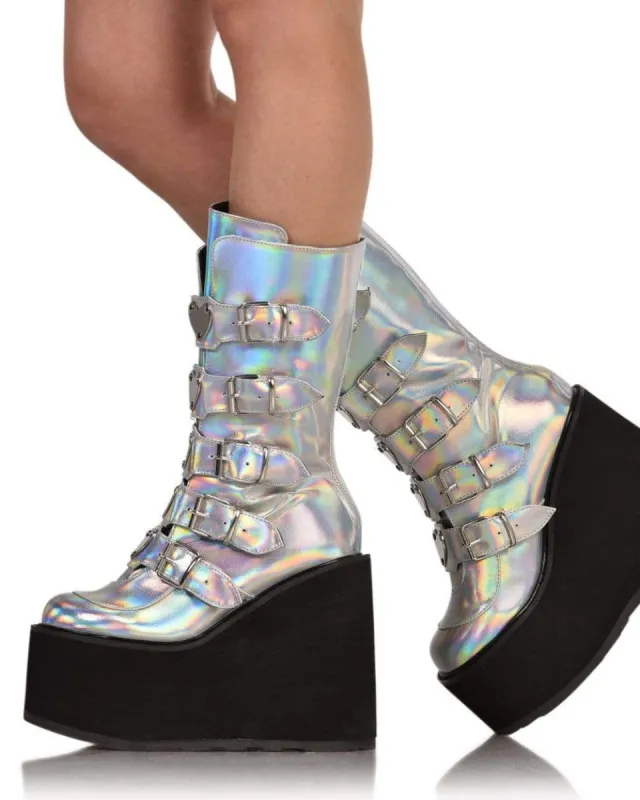 Demonia Silver Hologram Vegan Leather Boots sold by iHeartRaves