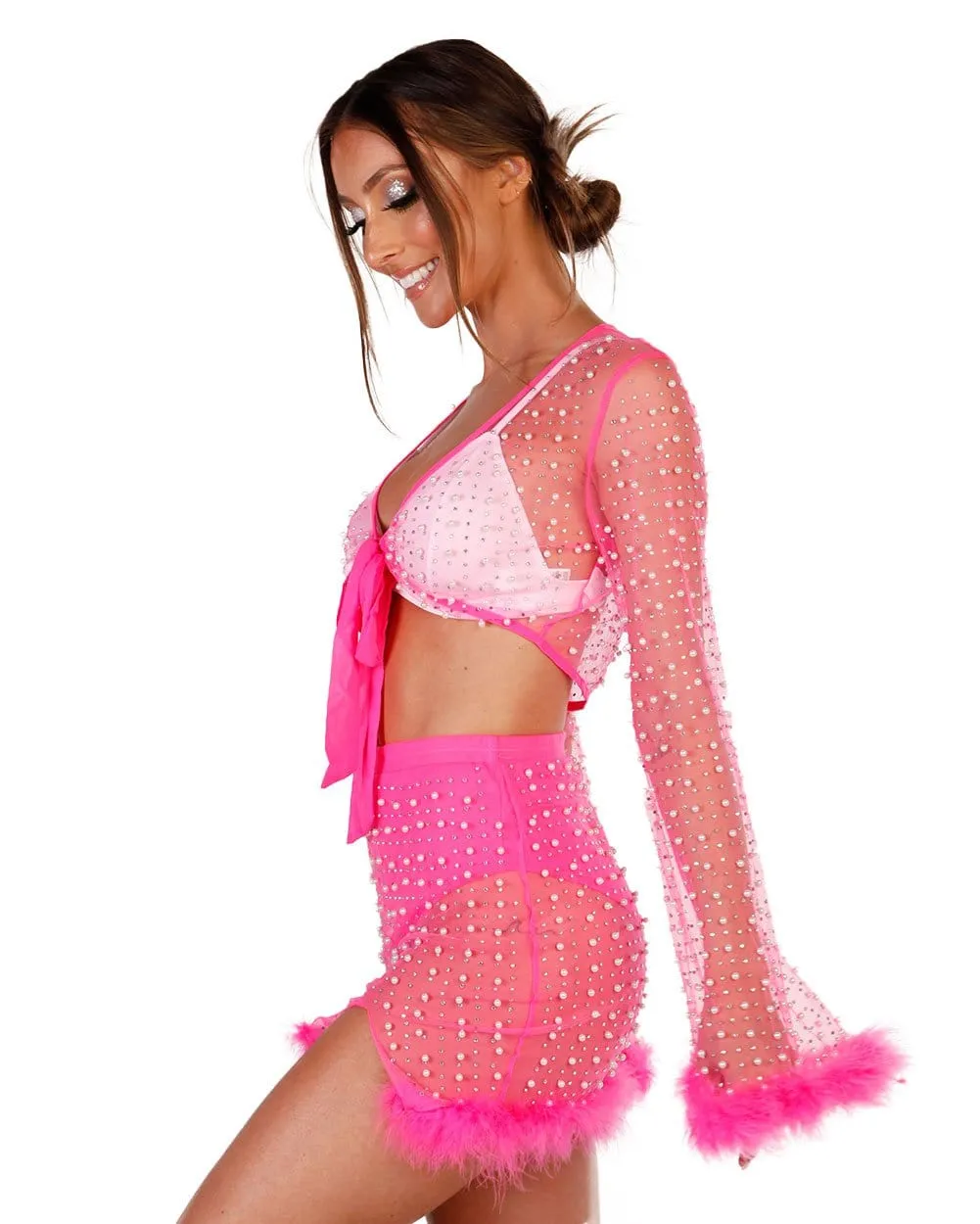 Glamour Girl Pearl Studded Marabou Skirt Set - Neon Pink sold by iHeartRaves product image thumbnail 2