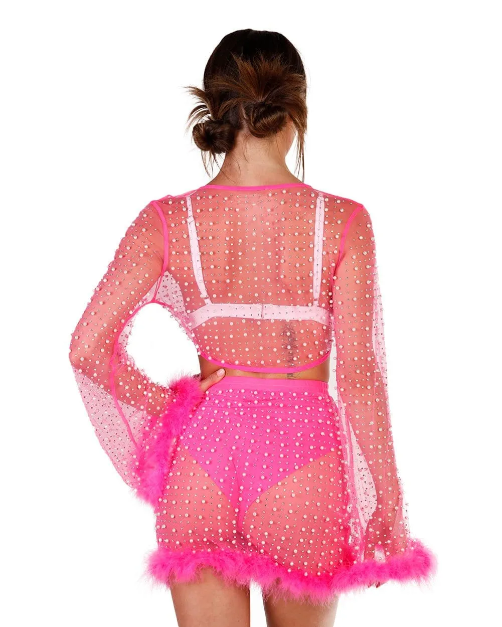 Glamour Girl Pearl Studded Marabou Skirt Set - Neon Pink sold by iHeartRaves product image thumbnail 4