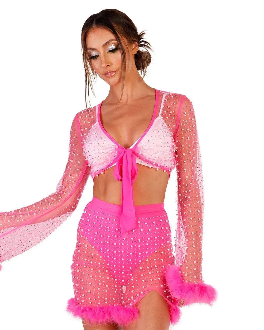 Glamour Girl Pearl Studded Marabou Skirt Set - Neon Pink sold by iHeartRaves