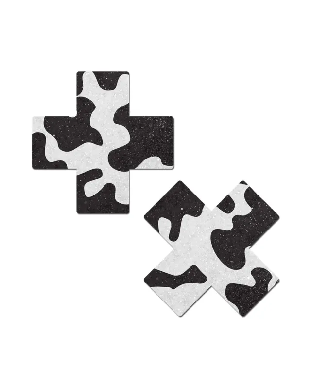 Pastease Black & White Cow Print Cross Nipple Pasties sold by iHeartRaves