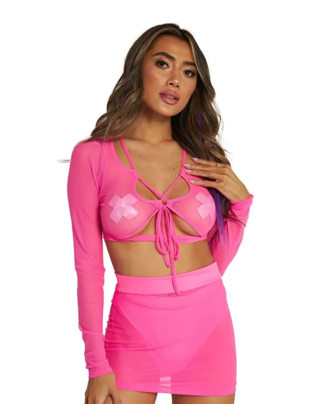 Pink Power Mesh Lace Up Top sold by iHeartRaves